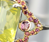 Серебряное кольцо с лимонным цитрином авторской огранки 9,92 карата, розовыми турмалинами и сапфирами Серебро 925