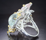 Серебряное кольцо с резными цитринами, зеленым аметистом, розовым кварцем и ограненным турмалином Серебро 925