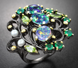 Серебряное кольцо с кристаллическими черными опалами, перидотами, хризопразом и жемчугом Серебро 925