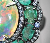 Серебряное кольцо с кристаллическим эфиопским опалом 5,16 карата, изумрудами, голубыми и синими сапфирами бриллиантовой огранки Серебро 925