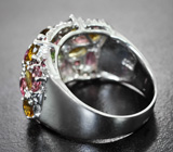 Праздничное серебряное кольцо с разноцветными турмалинами, танзанитами и сапфирами бриллиантовой огранки Серебро 925