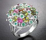 Замечательное серебряное кольцо с разноцветными турмалинами и изумрудами Серебро 925