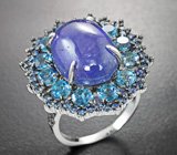 Серебряное кольцо с танзанитом 9,81 карата, топазами и синими сапфирами бриллиантовой огранки Серебро 925