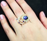 Серебряное кольцо с кристаллическим черным опалом 1,9 карата и аметистами