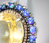 Серебряное кольцо с чистейшим цитрином 16,7 карата, кристаллическими черными опалами и желтыми сапфирами бриллиантовой огранки Серебро 925