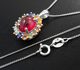 Праздничный серебряный кулон с рубином и разноцветными сапфирами + цепочка Серебро 925