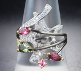 Великолепное серебряное кольцо с разноцветными турмалинами Серебро 925