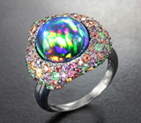 Серебряное кольцо с кристаллическим черным опалом 4,06 карата, разноцветными сапфирами, цаворитами и родолитами Серебро 925