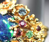 Массивное золотое кольцо с роскошным черным опалом 7,5 карата, разноцветными сапфирами, цаворитами гранатами и бриллиантами