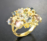 Золотое кольцо с уральскими александритами оттенка морской волны 1,74 карата, хризобериллами с эффектом кошачьего глаза и бриллиантами Золото