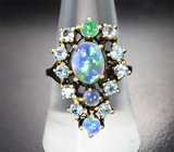 Серебряное кольцо с кристаллическими эфиопскими опалами и голубыми топазами