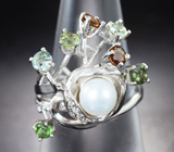 Оригинальное серебряное кольцо с жемчужиной и разноцветными турмалинами Серебро 925