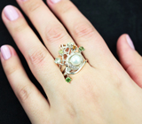Оригинальное серебряное кольцо с жемчужиной и разноцветными турмалинами