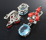 Замечательные серебряные серьги с голубыми топазами и кораллом Серебро 925