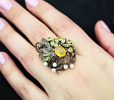 Серебряное кольцо с желтым сапфиром 2,29 карата, перидотами, жемчугом и диопсидами Серебро 925