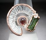 Серебряное кольцо с родолитом и зеленым турмалином