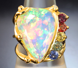 Золотое кольцо с топовым крупным ограненным опалом 5,57 карата, шпинелью, разноцветными сапфирами и бриллиантами