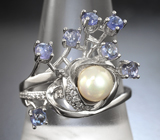 Оригинальное cеребряное кольцо с жемчугом и танзанитами Серебро 925