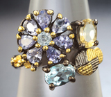 Серебряное кольцо с танзанитами, голубыми топазами и цитрином