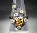 Серебряное кольцо с цитрином и голубыми топазами Серебро 925