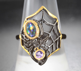 Серебряное кольцо с кристаллическим эфиопским опалом и аметистом