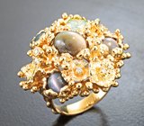 Массивное золотое кольцо с топовыми хризобериллами с эффектом кошачьего глаза 4,05 карата, александритом высокой чистоты 0,73 карата и бриллиантами