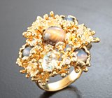 Массивное золотое кольцо с топовыми хризобериллами с эффектом кошачьего глаза 4,05 карата, александритом высокой чистоты 0,73 карата и бриллиантами