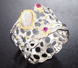 Серебряное кольцо с кристаллическим эфиопским опалом и рубинами топового качества Серебро 925
