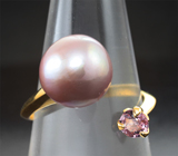 Золотое кольцо с красивейшей золотисто-розовой морской жемчужиной 7,72 карата и шпинелью Золото