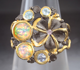 Серебряное кольцо с кристаллическими эфиопскими опалами, танзанитом и голубыми топазами Серебро 925