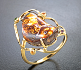Золотое кольцо с мексиканским огненным агатом 10,7 карата, цаворитом и разноцветными сапфирами Золото