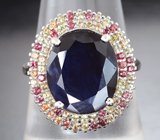 Роскошное серебряное кольцо с крупными синими сапфирами и разноцветными сапфирами Серебро 925
