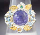 Серебряное кольцо с танзанитом 3,83, голубыми топазами и апатитом