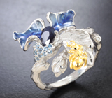 Удивительное серебряное кольцо с синими сапфирами, голубыми топазами и цветной эмалью Серебро 925