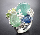 Серебряное кольцо с синим и зелеными кианитами 14,03 карата, диопсидом и перидотами
