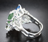 Серебряное кольцо с синим и зелеными кианитами 14,03 карата, диопсидом и перидотами Серебро 925