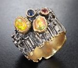 Серебряное кольцо с кристаллическими эфиопскими опалами и сапфирами Серебро 925