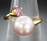 Золотое кольцо с безупречной золотисто-розовой жемчужиной 7,12 карата и чистейшей розовой шпинелью Золото