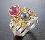 Серебряное кольцо с цветной жемчужиной, рубином и сапфиром