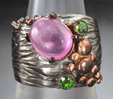 Серебряное кольцо с розовым сапфиром 3,46 карата и диопсидами Серебро 925