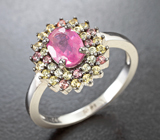 Праздничное серебряное кольцо с рубином и разноцветными сапфирами