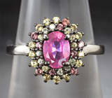 Праздничное серебряное кольцо с рубином и разноцветными сапфирами Серебро 925