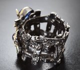 Серебряное кольцо с синими сапфирами и диопсидами