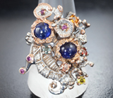 Серебряное кольцо с разноцветными сапфирами и родолитами