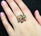 Превосходное серебряное кольцо с разноцветными турмалинами и черными шпинелями Серебро 925