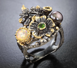 Серебряное кольцо с цветной жемчужиной, кристаллическим эфиопским опалом и диопсидами