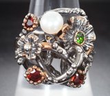 Серебряное кольцо с жемчужиной, диопсидом и альмандинами гранатами
