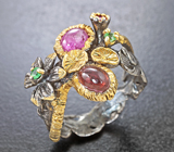 Серебряное кольцо с рубином, сапфиром, цаворитами и турмалинами Серебро 925