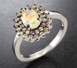 Серебряное кольцо с ограненным эфиопским опалом и разноцветными сапфирами