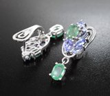 Превосходные серебряные серьги с изумрудами и танзанитами